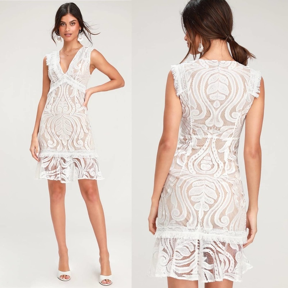 Ryse Michi White Lace Plunging Mini Sheath Dress